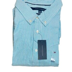 NWT Tommy Hilfiger Oxford Shirt~Mens XXL~Blue Stripes~Short Sleeves~100% Cotton